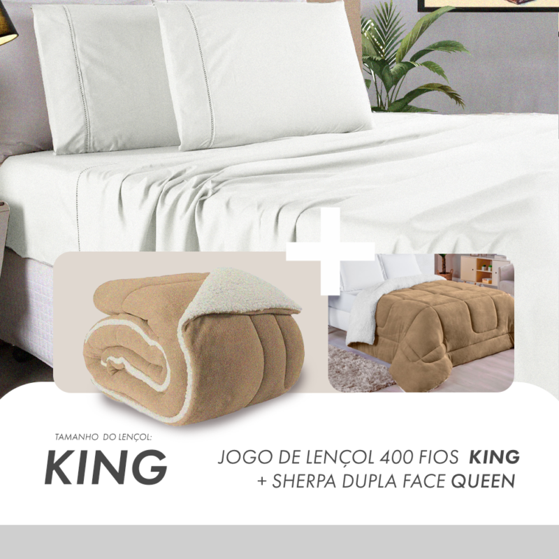 Oferta Jogo de Lençol 400 Fios + Sherpa Dupla Face King