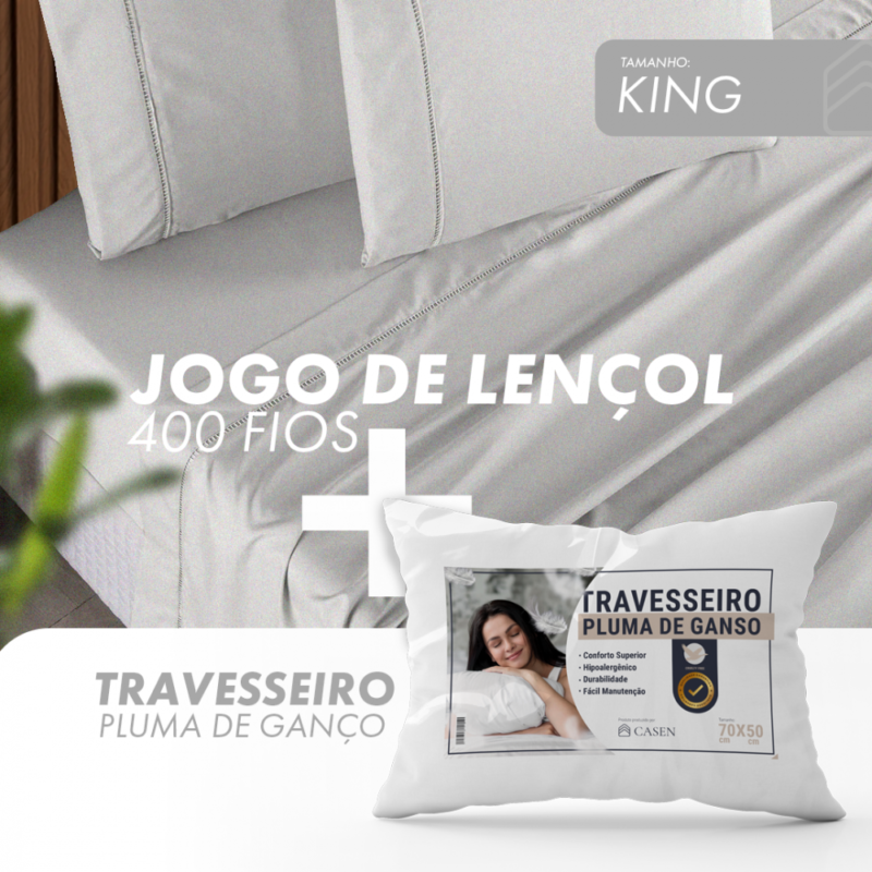 Oferta Jogo de Lençol 400 Fios + Travesseiro Pluma King